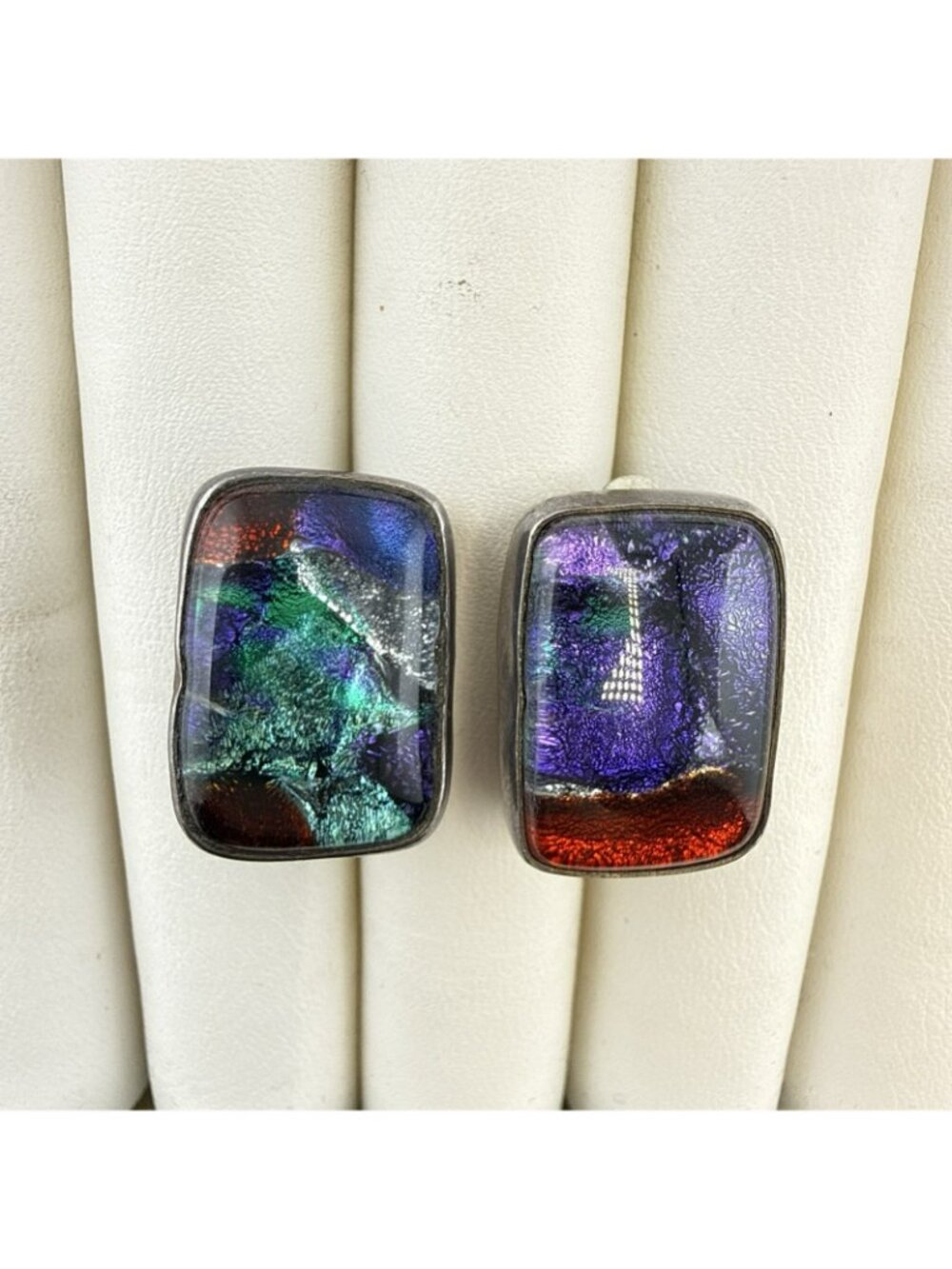 Charles Albert Earrings Dichroic Art Glass Sterling Silver Clip On 18g Colorful - Picture 5 of 13